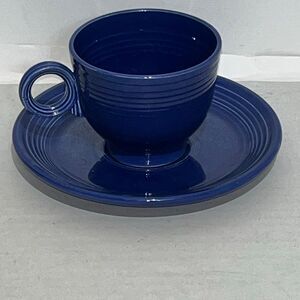 Vintage Fiesta Ware Ring Handle Glaze Tea Coffee Cup and Saucer Set Cobalt Blue‎
